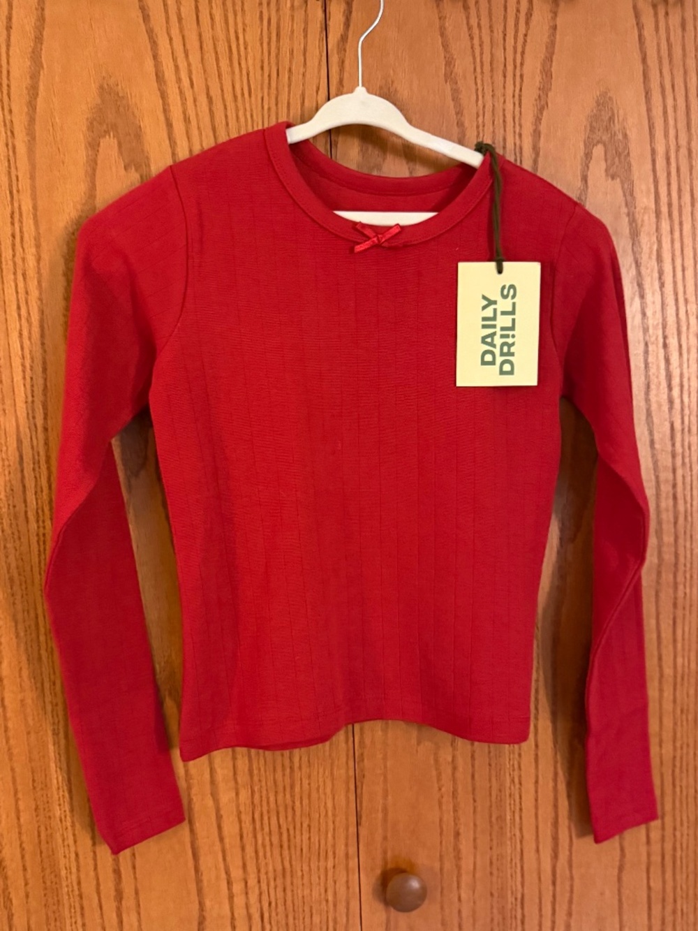 Daily Drills Women's 'Pointelle Long Sleeve Tee' T-shirt Top in 'Vintage Red' - Picture 3 of 3